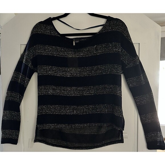 Sparkle And Fade Navy Blue Stripe Lightweight Sheer Wide Neck Top Shirt Sz M - Picture 1 of 5